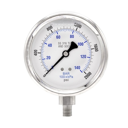 Pro 4 in Dial, 0/2000 PSI & Bar, 1/4 in NPT, Lower Mount Glycerin Filled Pressure Gauge PRO-301L-404O-01